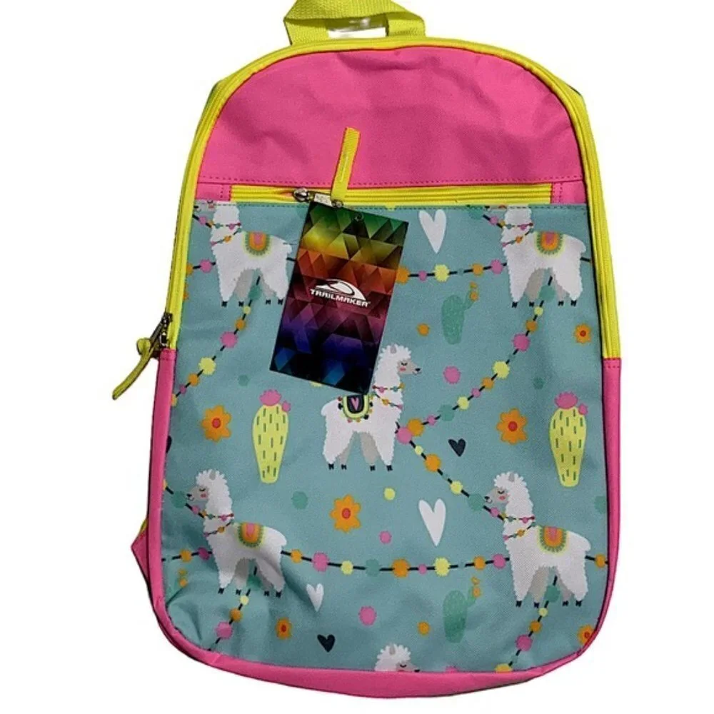 Trailmaker LLAMA Print Backpack Kids Girls Adjustable  Padded  Straps  Pink Blue